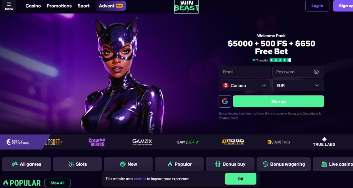 Screenshot of the WinBeast Casino website
